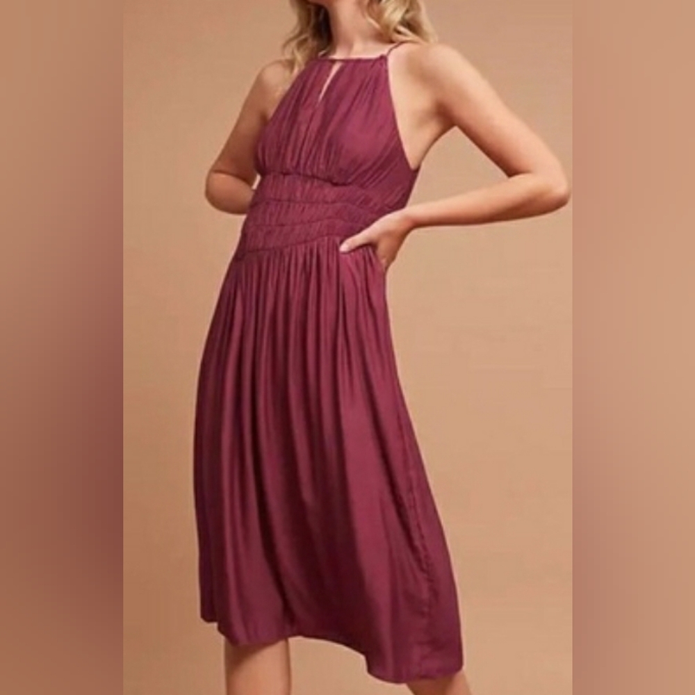 Anthropology smocked asymmetrical halter dress